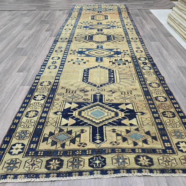 Vintage Hand-Knotted Wool Oushak Runner Rug: Traditional Hallway Aisle Rug (3.40x11 feet) for wholesale by MesopotamiaRugs