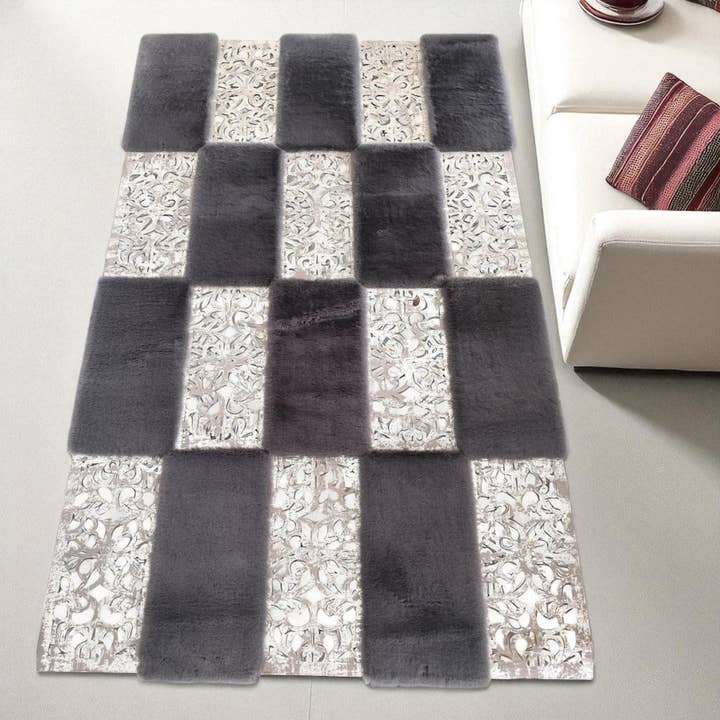 Gray and Silver Patchwork Cowhide Rug – Soft and Elegant Leather Carpet for Modern Living Room for wholesale by Karelias And Sons