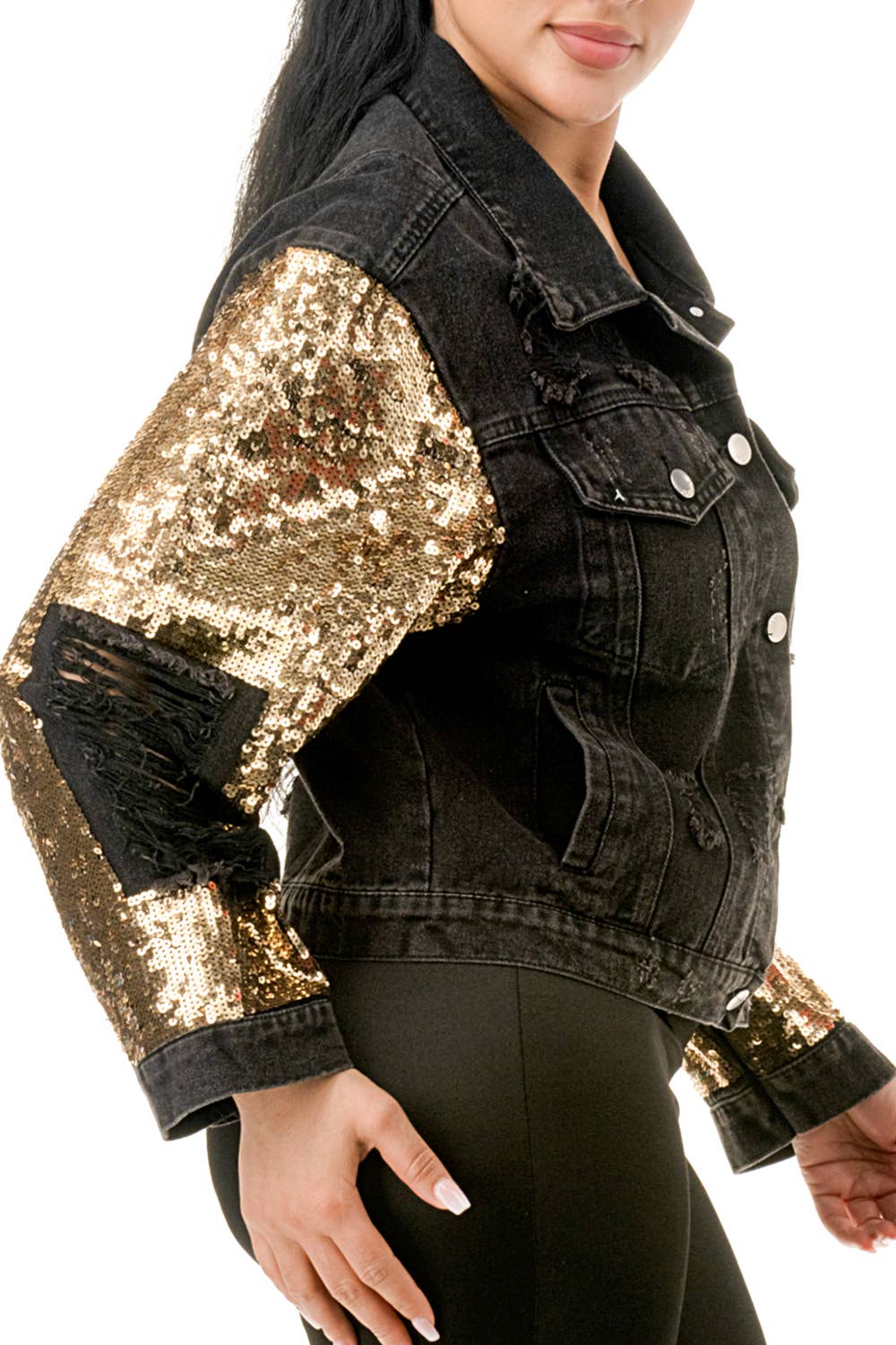 SALT - Wholesale Denim Jacket - Women's - (NJ7209)Sequin Sleeve Distressed Denim Crop Jacket13