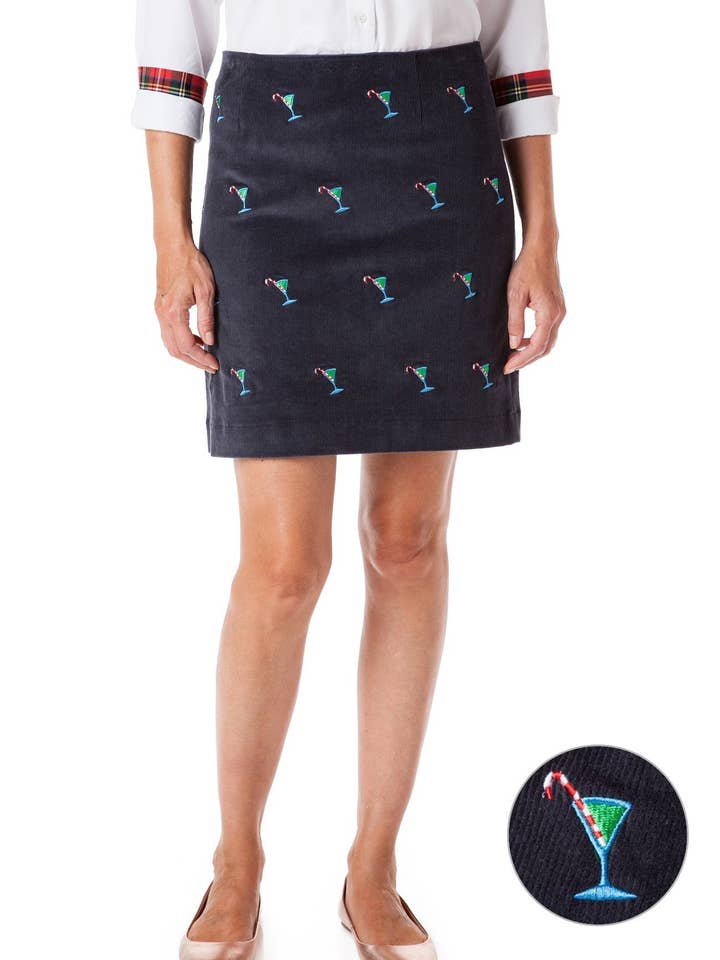 Ali Skirt Corduroy Nantucket Navy with Martini Candy Cane for wholesale by Castaway Clothing Nantucket Island