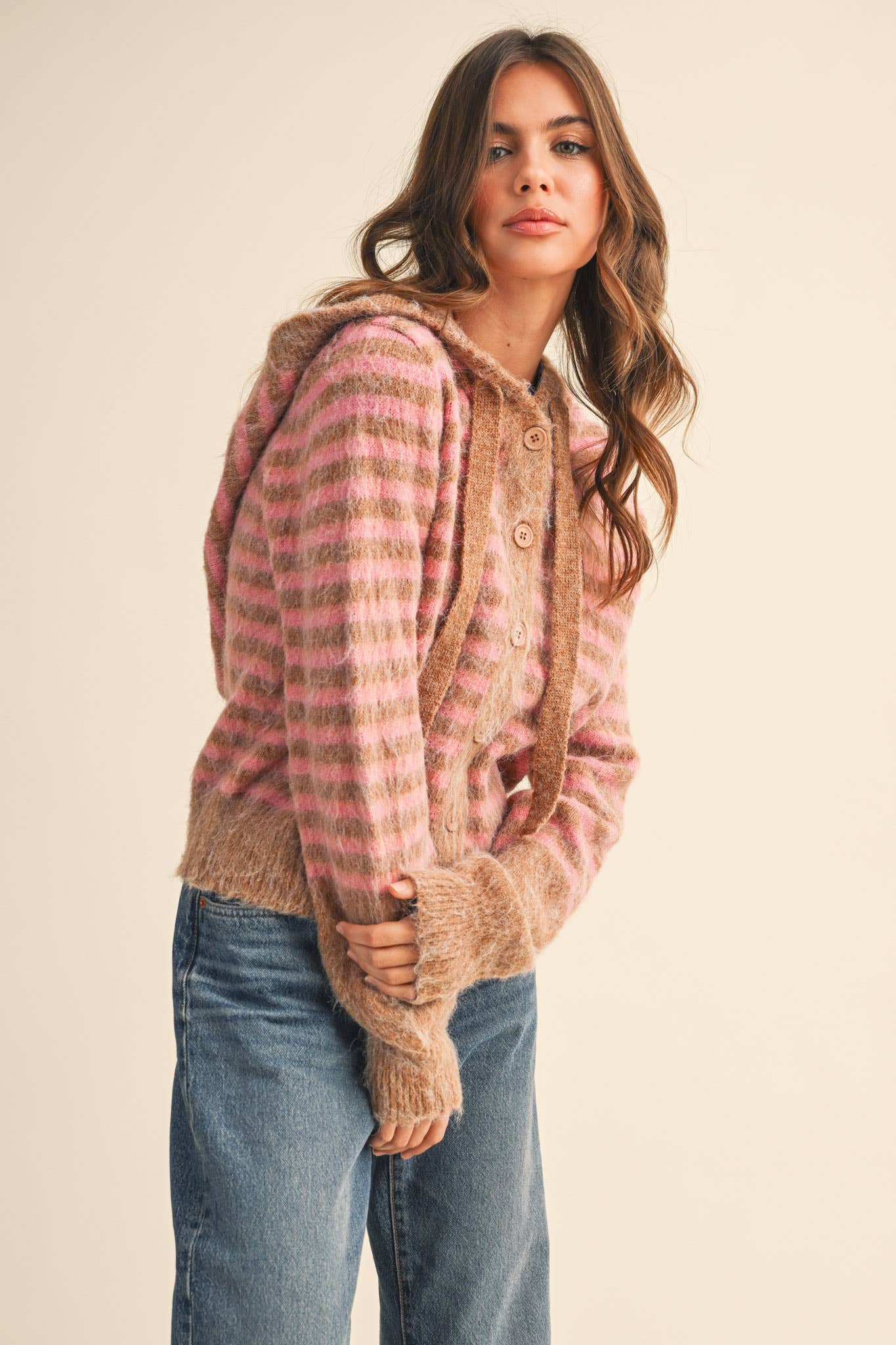 &MERCI - Wholesale Cardigan - Women's - STRIPED HOODIE SWEATER CARDIGAN MSW1106364