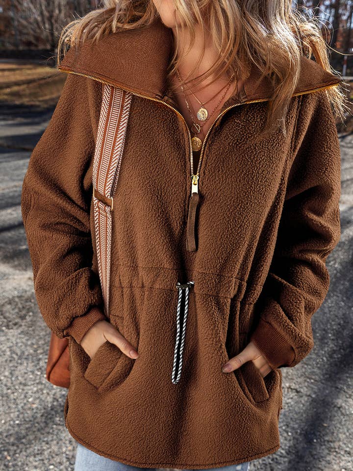 Solid Half-Zip Fleece Pocketed Sweatshirt for wholesale by PRETTY BASH