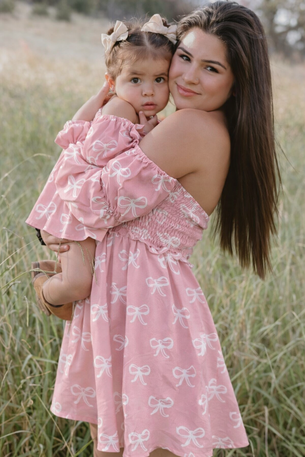 Bailey's Blossoms - Wholesale Dress - Kids - Calliope Puff Sleeve Off Shoulder Dress - Pink Bows1