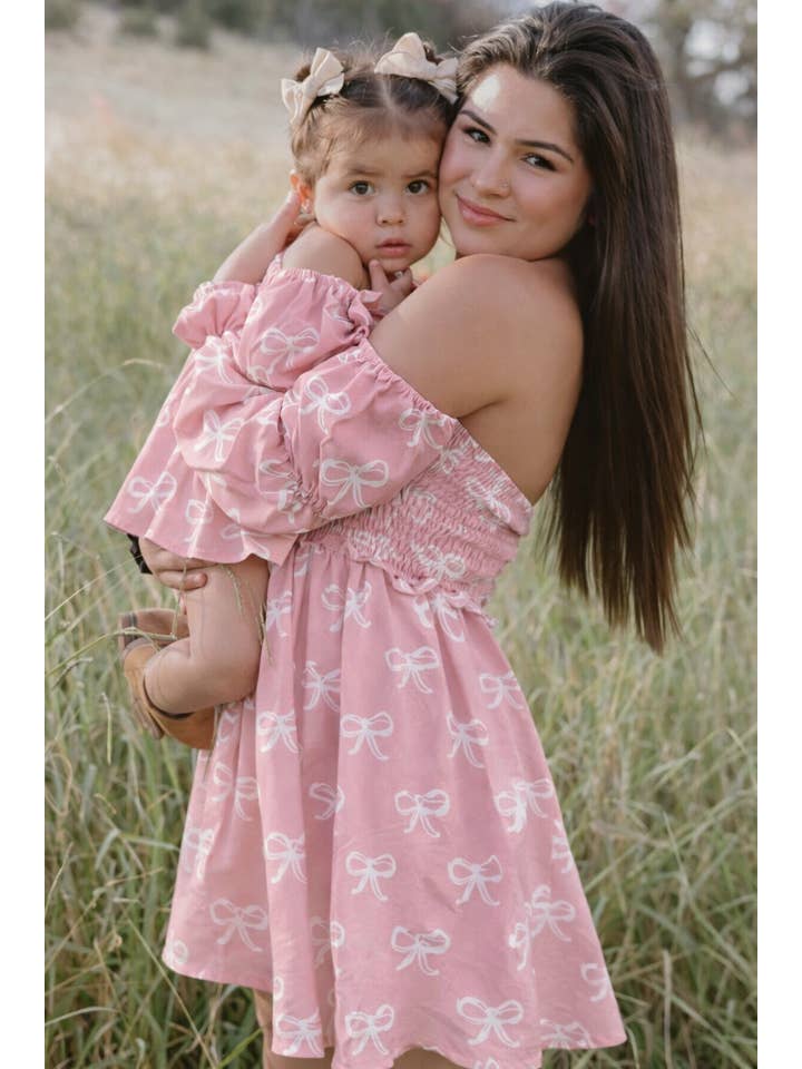 Bailey's Blossoms - Wholesale Dress - Kids - Calliope Puff Sleeve Off Shoulder Dress - Pink Bows1