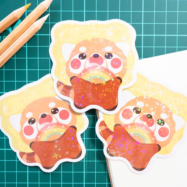 Sponge Red Panda Meme Holo Vinyl Sticker for wholesale by Notmehmehstudio