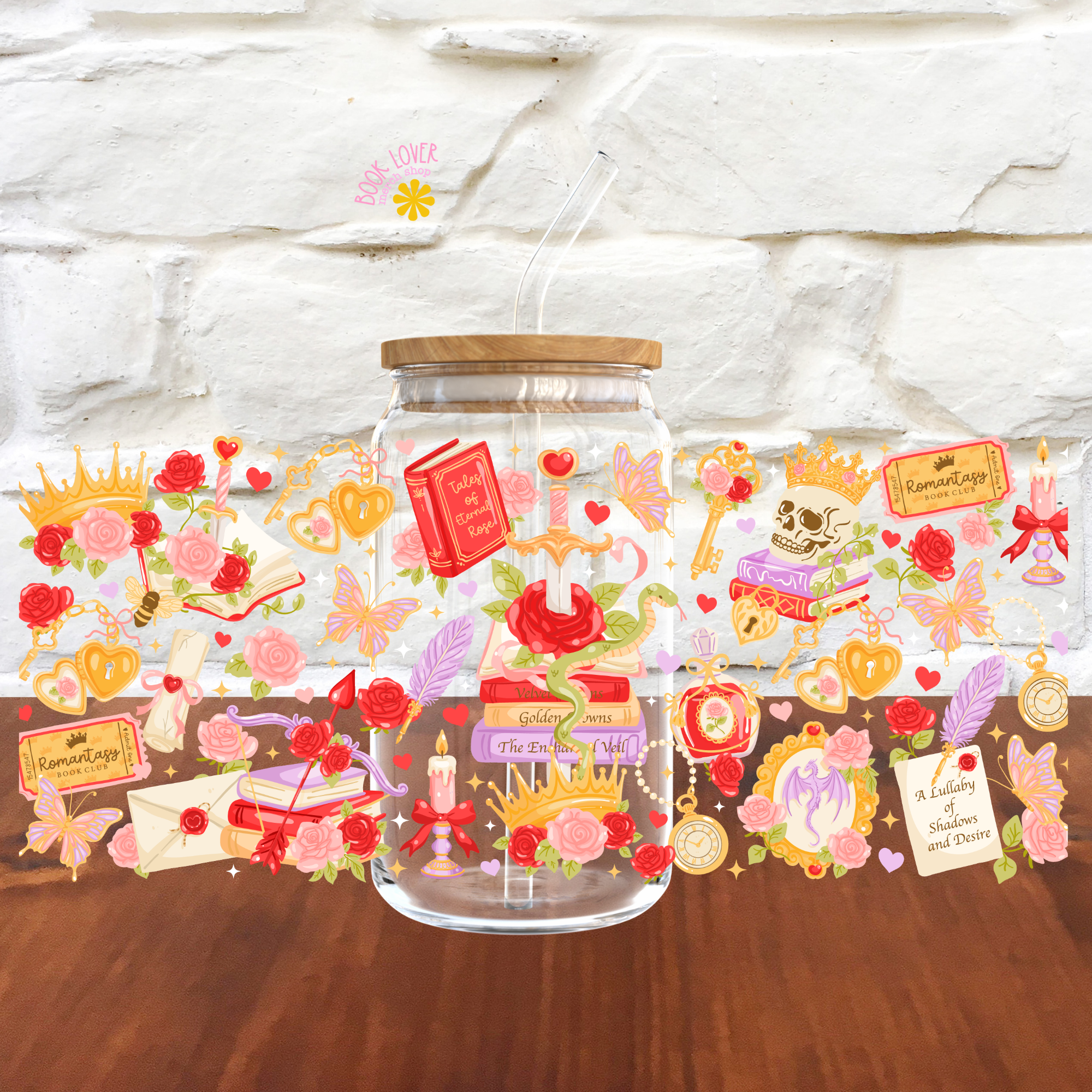 Book Lover Merch Shop - Wholesale Bottle and Shot Glass Display - Romantasy Book Club 16 OZ Glass Can UV DTF WRAP / Bookish2