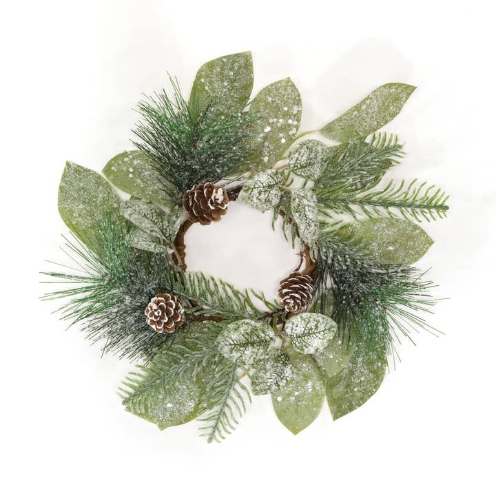 Newport Snowy Mixed Greens & Cone Candle Ring 3.5" for wholesale by Saybrook Lane