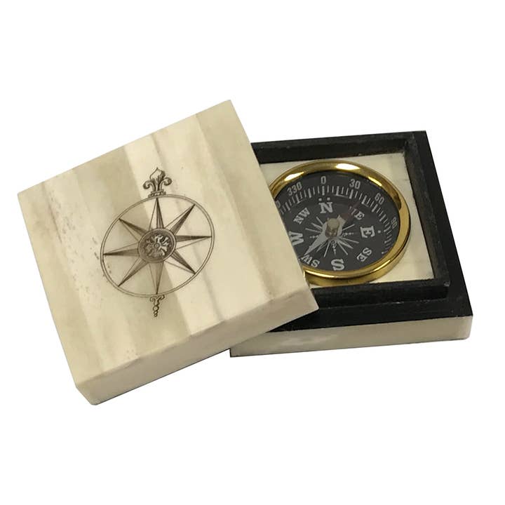 Madison Bay Co. - Historical Home Decor Reproductions - Wholesale Navigational Compass - Compass Rose Engraved Scrimshaw Bone Box w/ Brass Compass