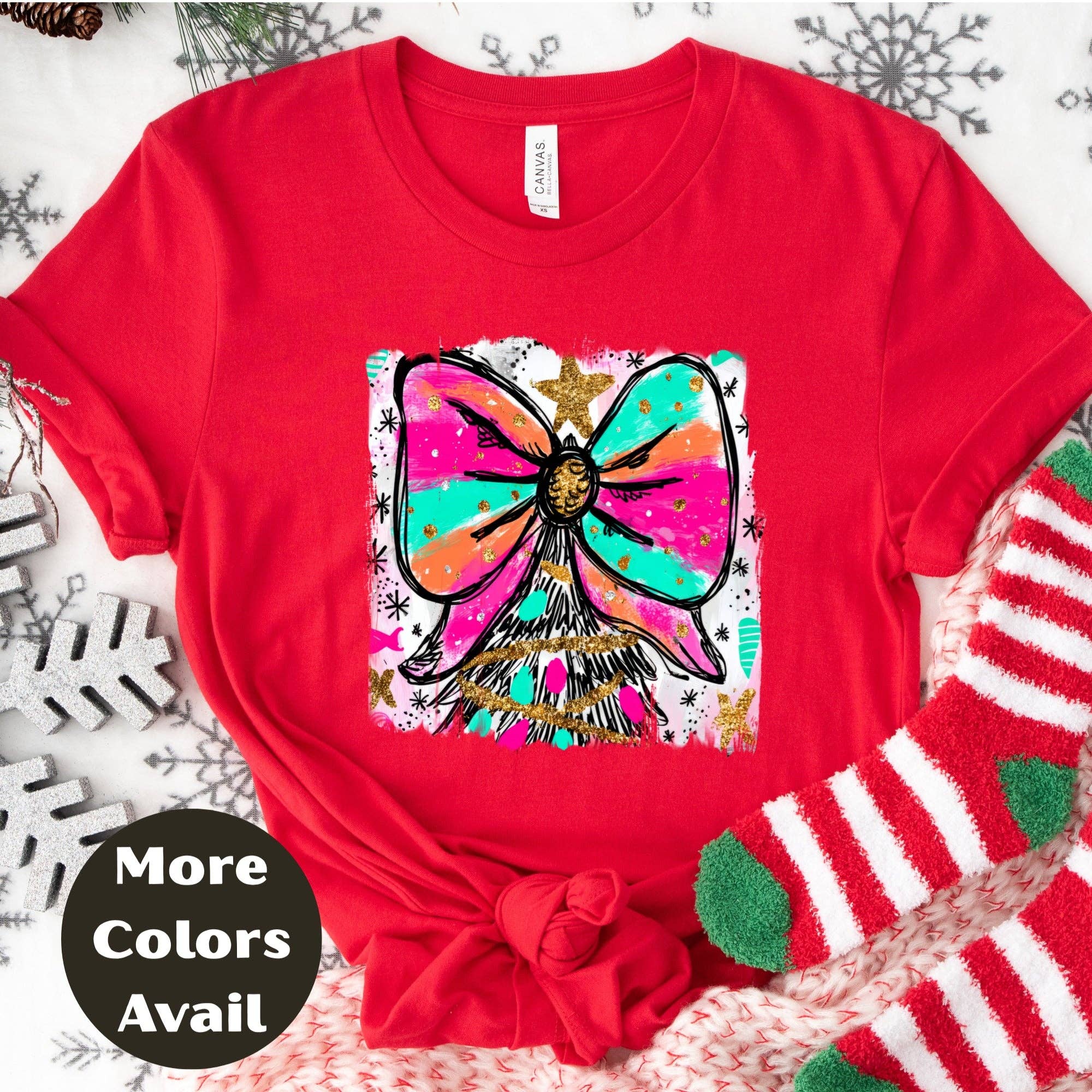Epic Life  - Designed – wholesale Screen printed t-shirt – Women′s – Bright Bow Christmas Tree Shirt or Sweatshirt – Colorful Neon Holiday Top S-4XL Plus Size – Festive Christmas Tee7