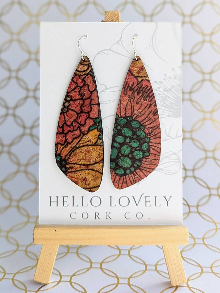 Red Yellow Blue Dahlia Cork Earrings - Large Wing for wholesale by Hello Lovely Cork Co.