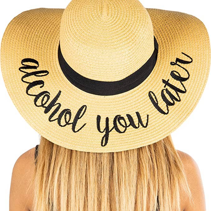 Funky Junque - Wholesale Straw Hat - Women's - Embroidered Sun Hat - Alcohol You Later0