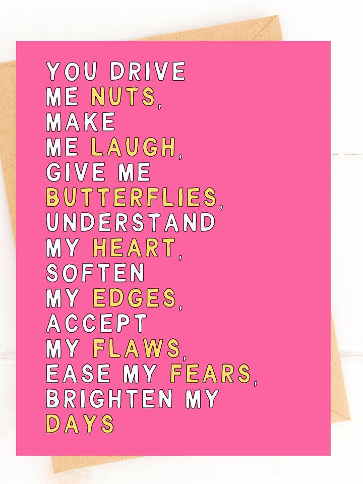 Carte You Drive Me Nuts Make Me Laugh Sweet Love pour la vente par Five Dot Post