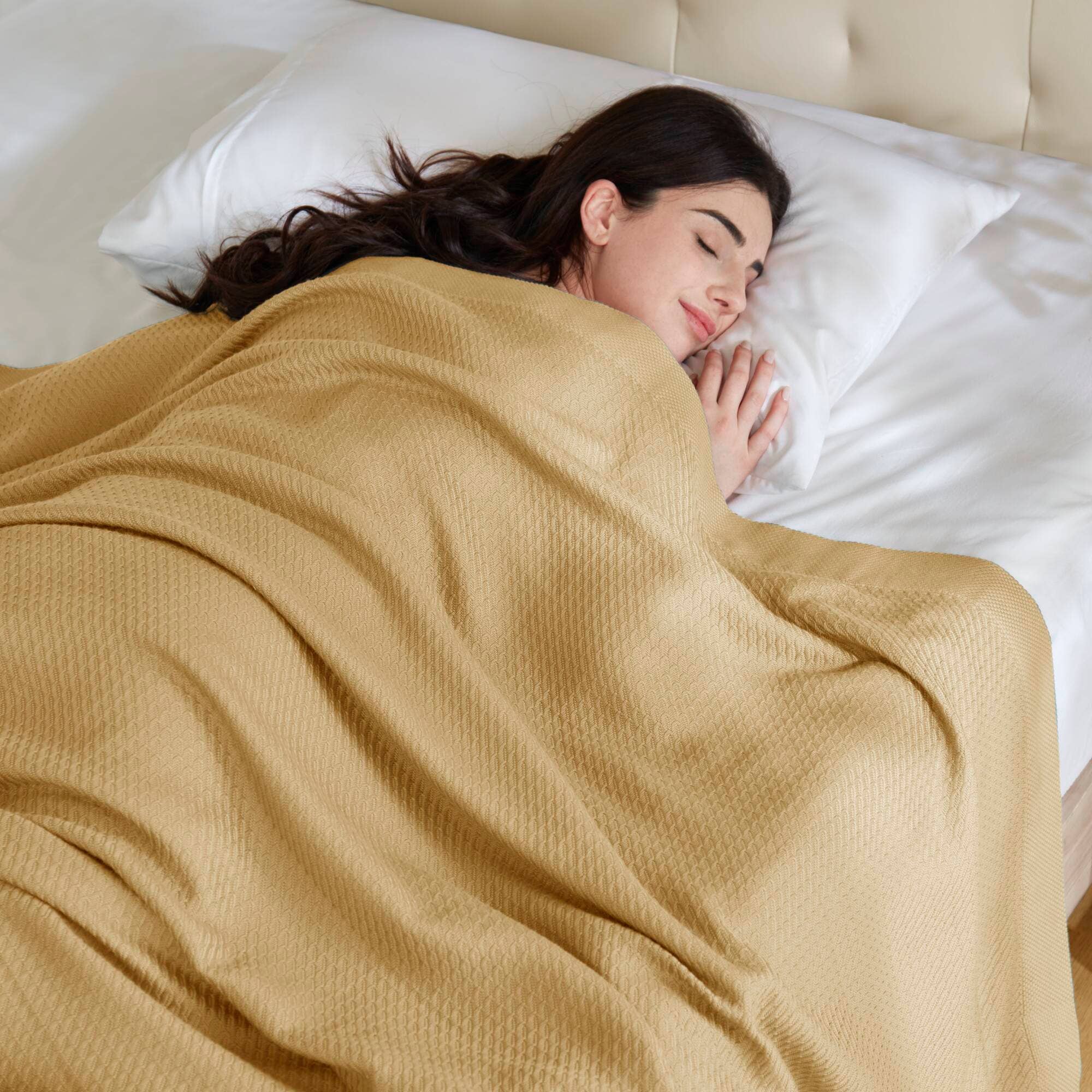 Olliix - Vente Couvre-lit - Couverture en coton égyptien tissé pour toutes saisons, Moutarde4