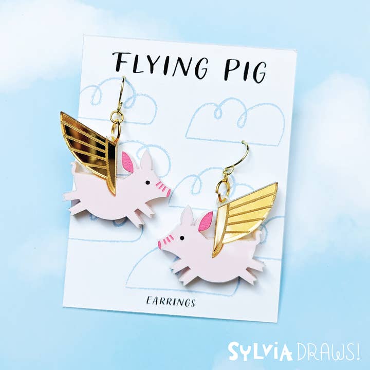 Flying Pig Earrings for wholesale by Sylvia Draws