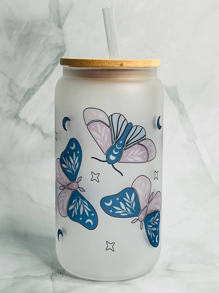 16oz Glass Can Tumbler - Mystic Butterflies for wholesale by Poured Not Stirred
