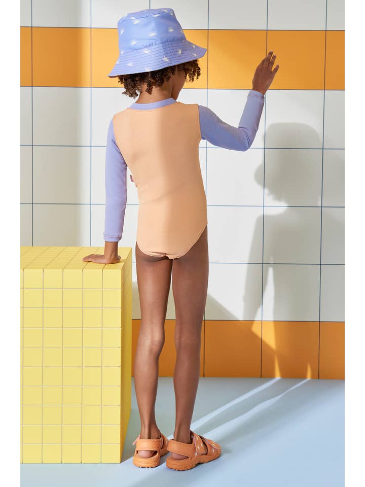 Peach Ribbed Kids Long Sleeve Swimsuit for wholesale on Faire4