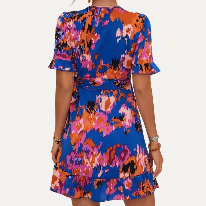 The Moment Collection - Wholesale Dress - Women's - Flirtly Print Surplice Neck Short Sleeve Wrap Mini Dress