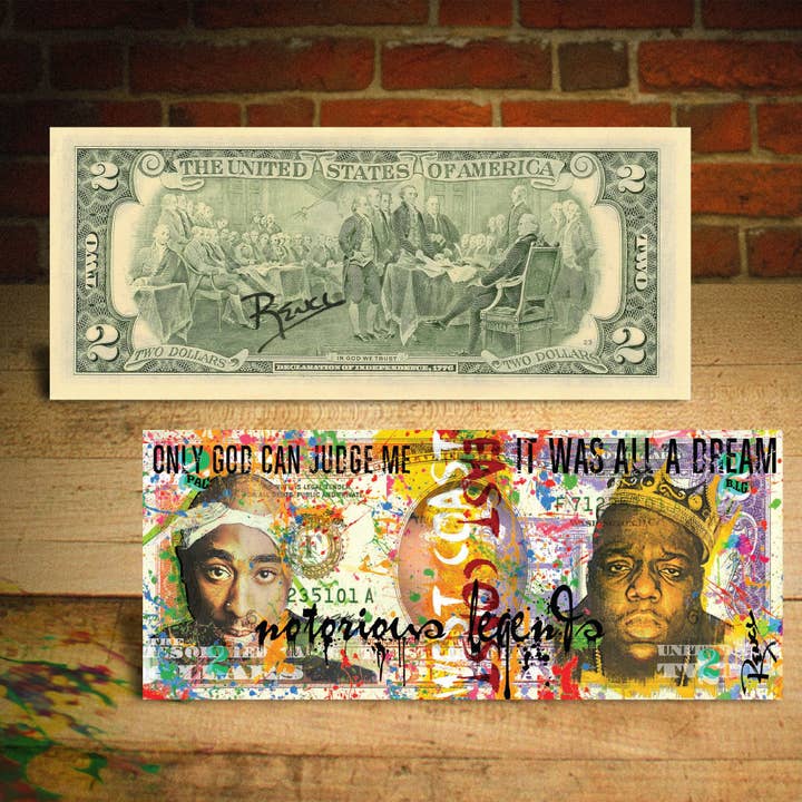 Tupac, Shakur & Biggie Smalls Pop-Art Genuine Legal Tender 2 Dollar Bill - Hand-Signed By Rency - Ships Fast - Free Shipping To U.S. for wholesale by The Merrick Mint
