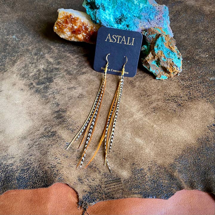 ASTALI - Wholesale Tassel Earrings - Mini Feather Earrings - Grizzly & Fawn/Gold, Boho Western