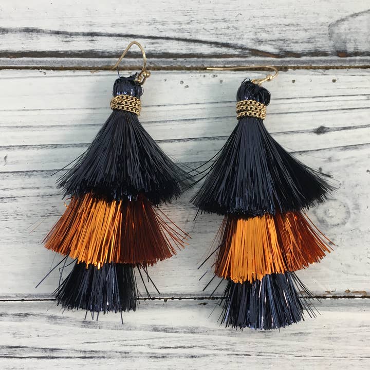 Orange and navy 3 tier tinsel earrings for wholesale by SongLily
