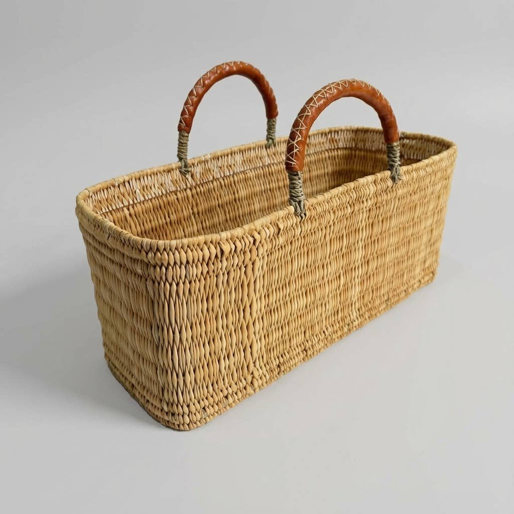 Brown Rectangular Reed Storage Basket Leather Handle Market Tote for wholesale on Faire4