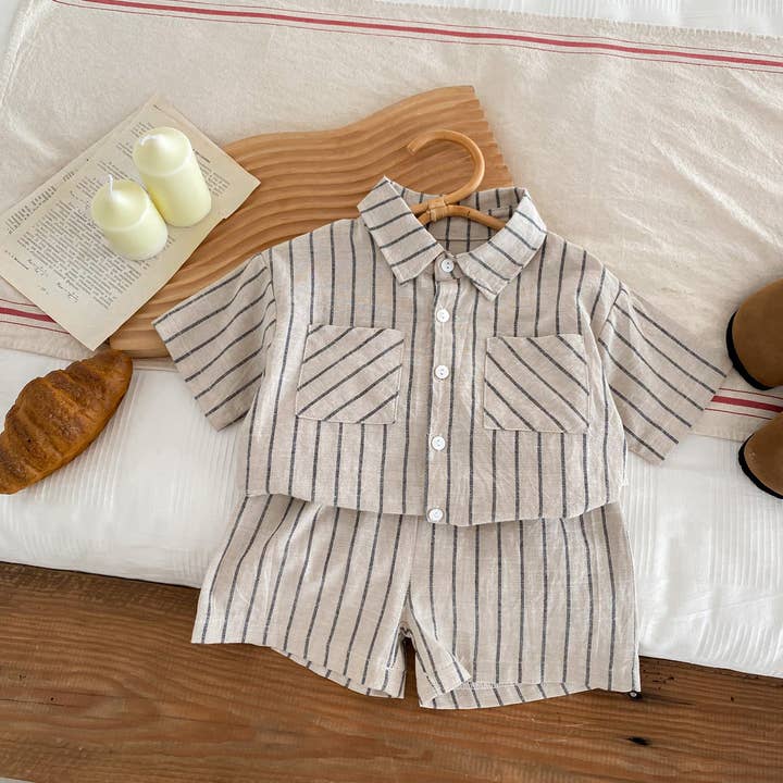 Khaki Spring Baby Kids Unisex Striped Top Shirt And Shorts Clothing Set for wholesale on Faire2