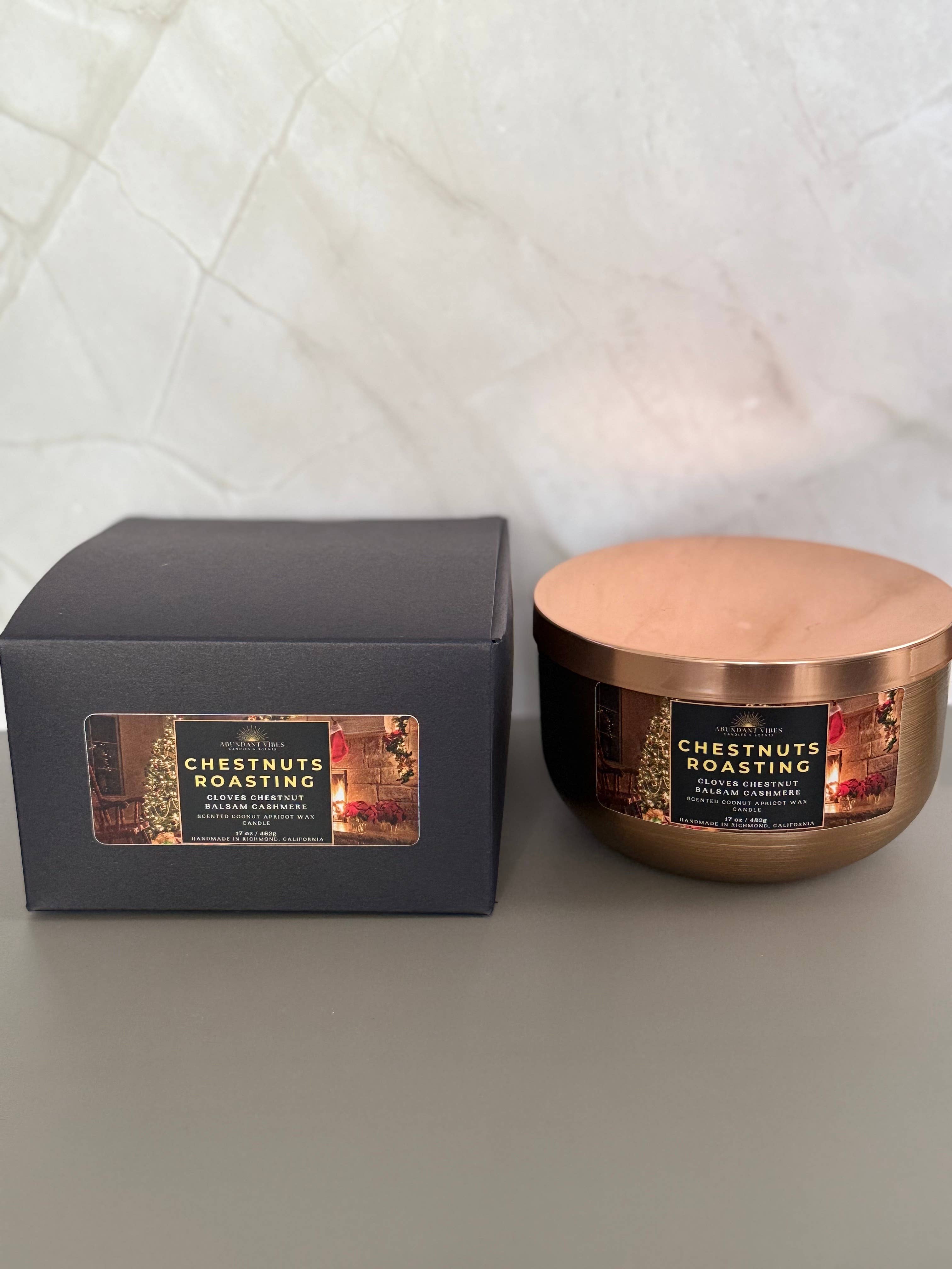 Abundant Vibes Candles & Scents - Wholesale Jar/Filled Candle - Chestnuts Roasting 17oz Candle (Chestnut + Clove + Cashmere)3