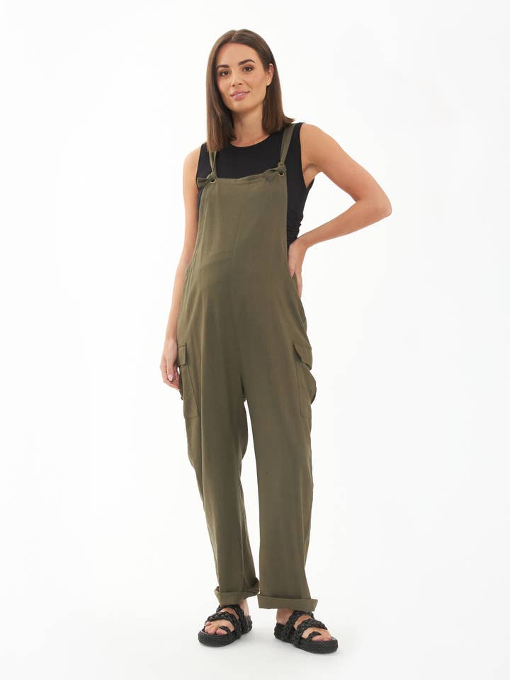 Cargo Pocket Linen Jumpsuit Olive for wholesale by Ripe Maternity