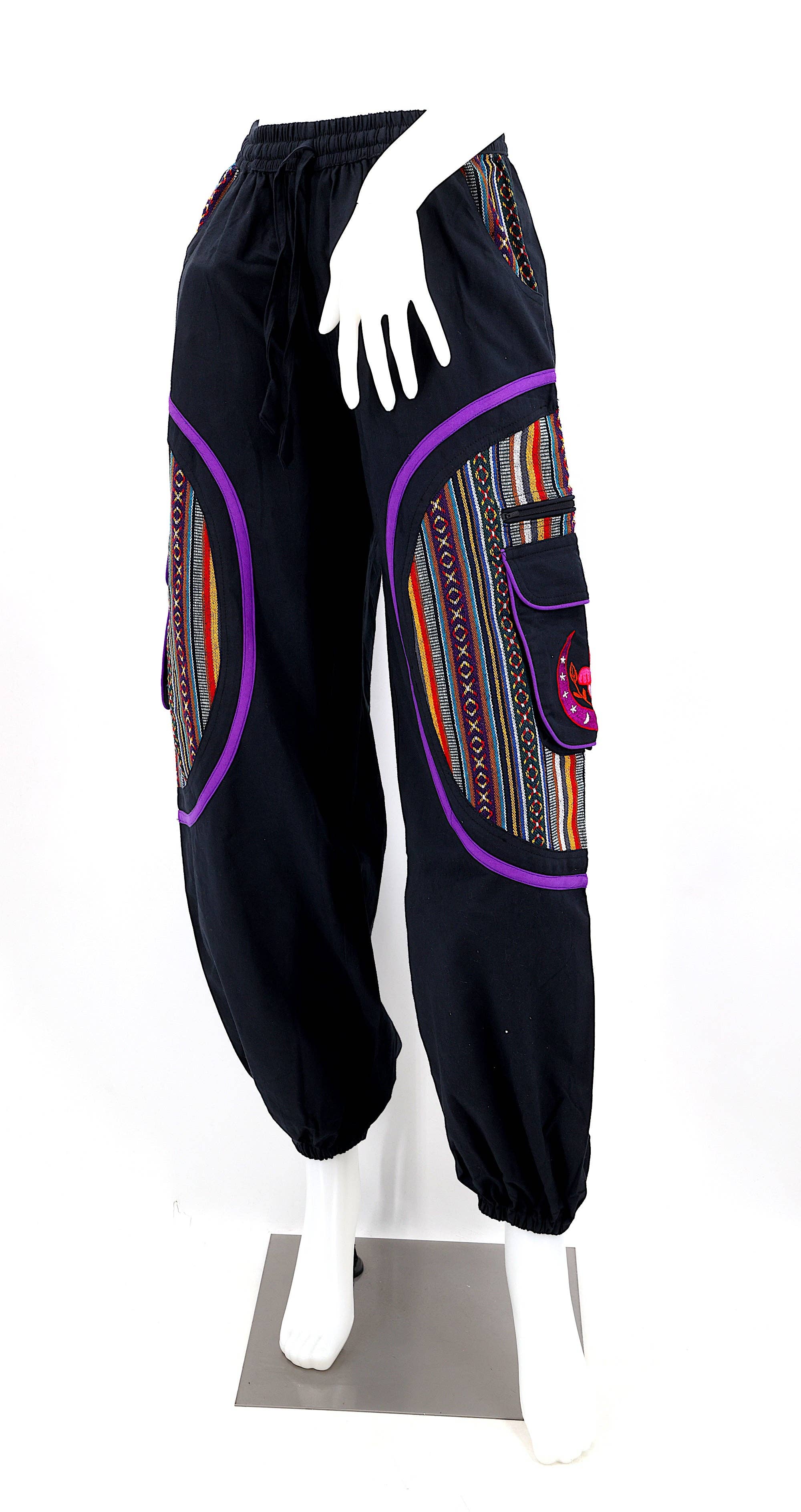 Himalaya Handmade - Venta al por mayor Pantalones - Mujer - Pantalones bohemios hechos a mano de algodón con bordado de luna y hongos estilo harem9