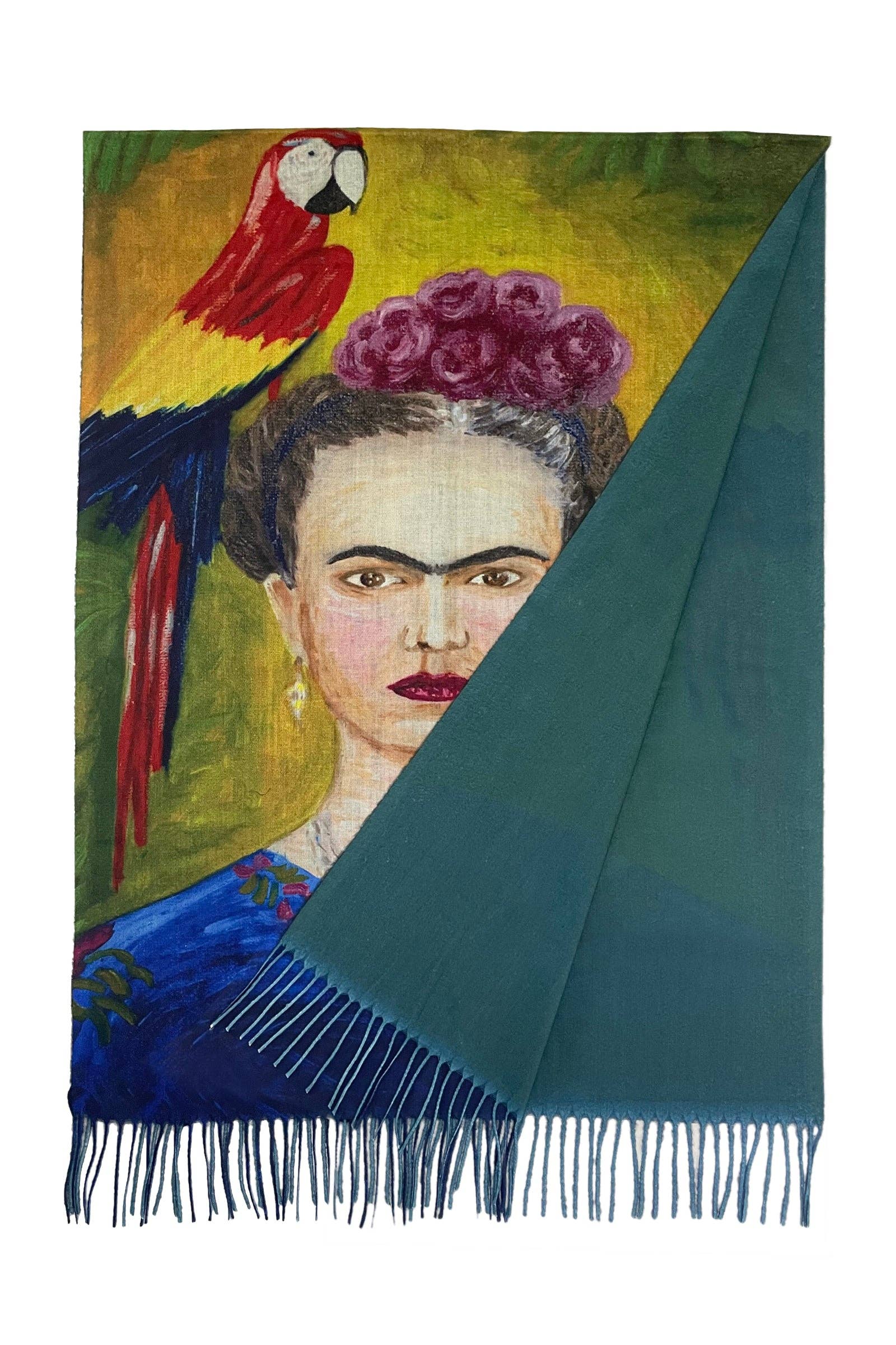 Fashion Scarf World – wholesale Halsduk - Dam – Frida Kahlo & Papegoja Konsttryck Tassel Scarf3