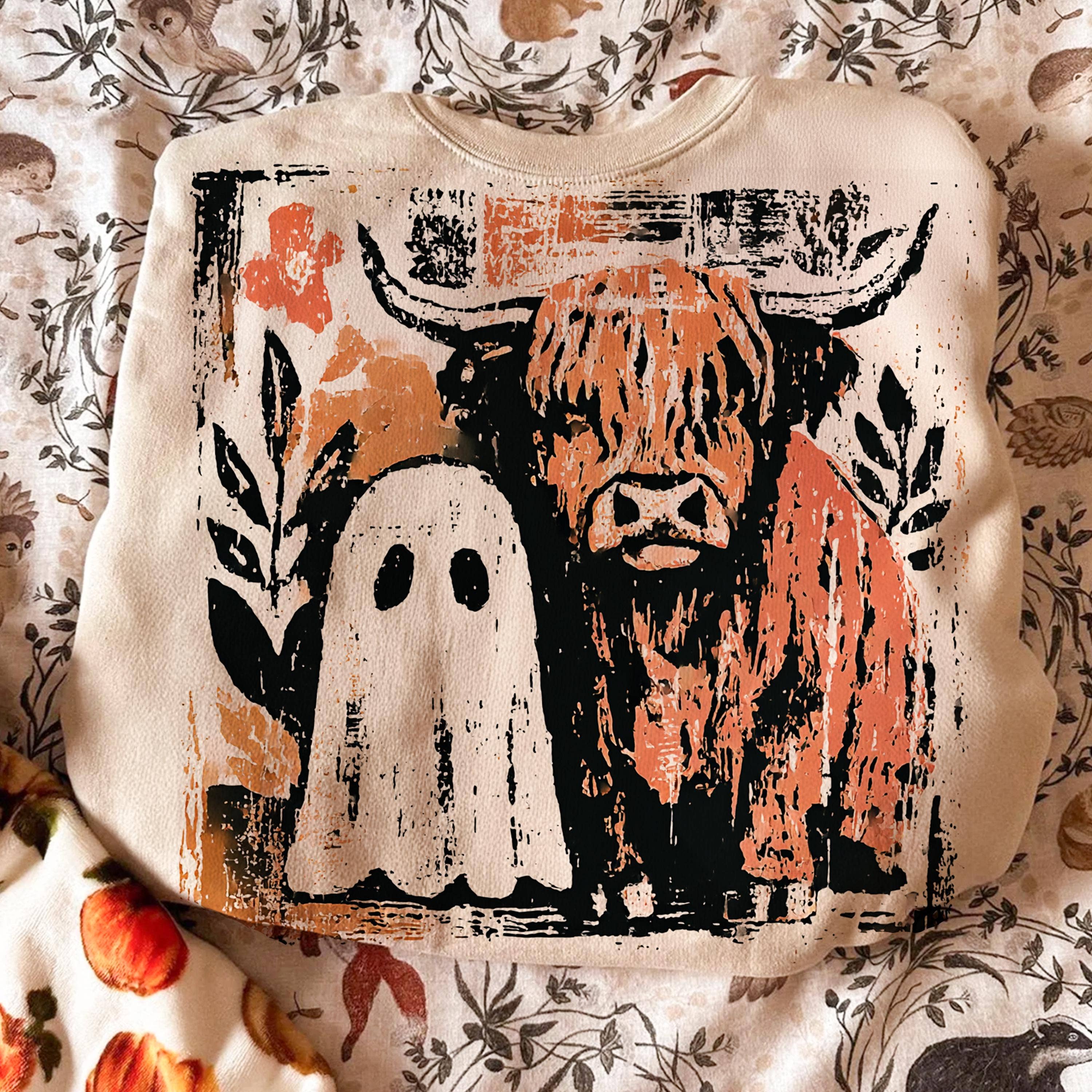 NVC Ecommerce LLC - Wholesale T-Shirt (Graphic) - Women's - Cute fall Highland Cow Ghost Shirt, Spooky Season Sweatshirt3