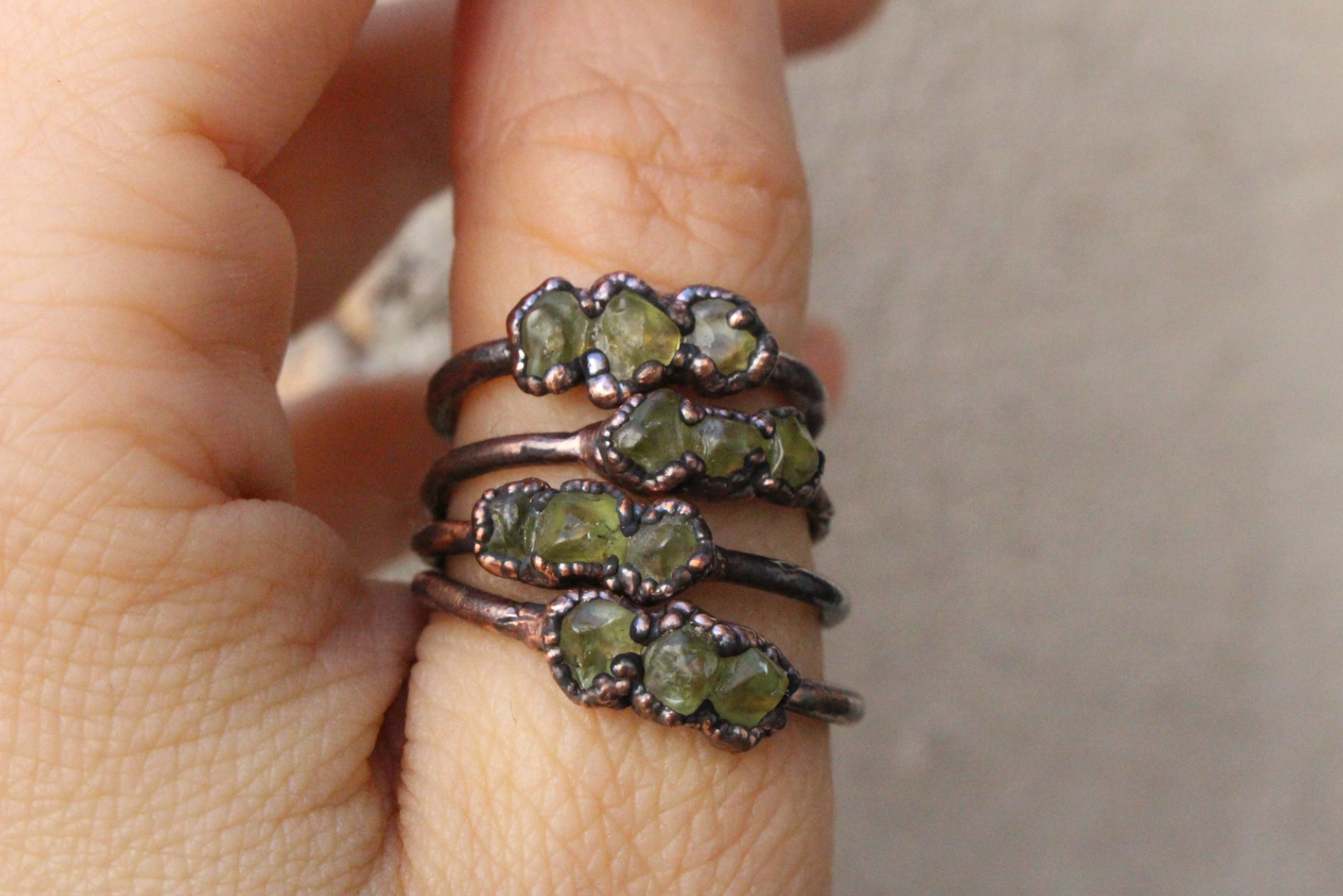 Gratefully Dreaming - Wholesale Single Stone/Solitaire Ring - Peridot Crystal Stacking Ring | Copper Multi-stone Ring3