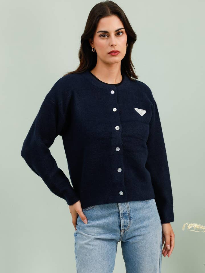 MOOYA - Wholesale Cardigan - Women's - Plain knit cardigan with rhinestone detail - SCF0157