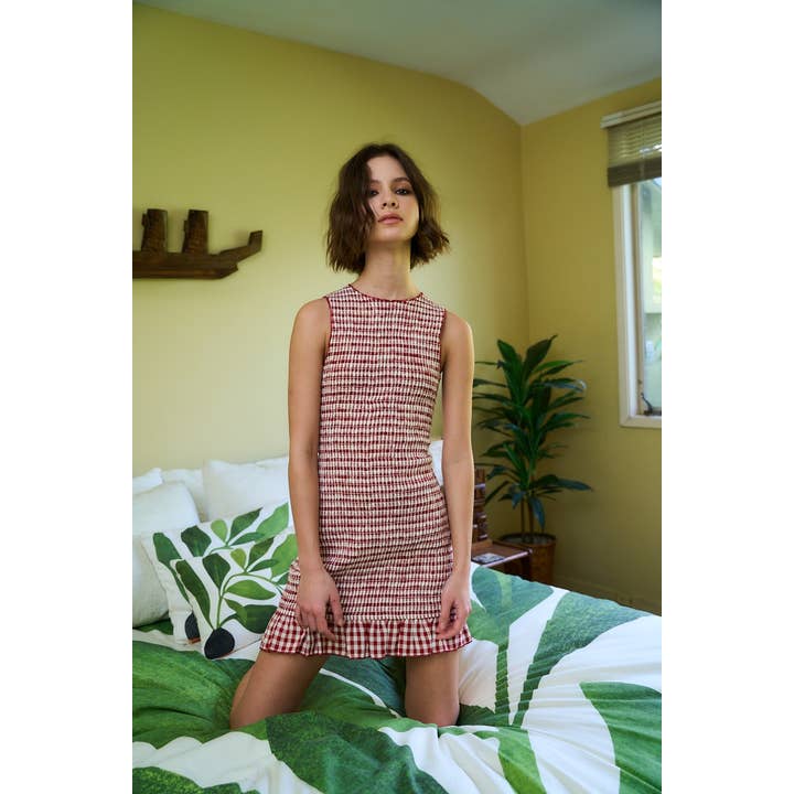 VIVID CHECKER FULL BODY SMOCKED FIT-IN MINI DRESS for wholesale by Sky to Moon