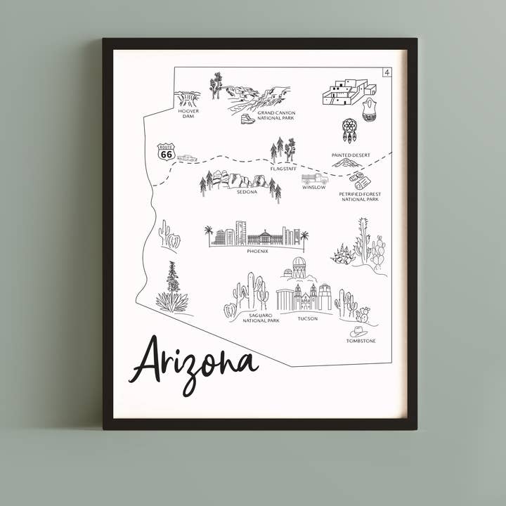 Croquis de l'Arizona - carte et points d'intérêt pour la vente par Simply Sketch Studio