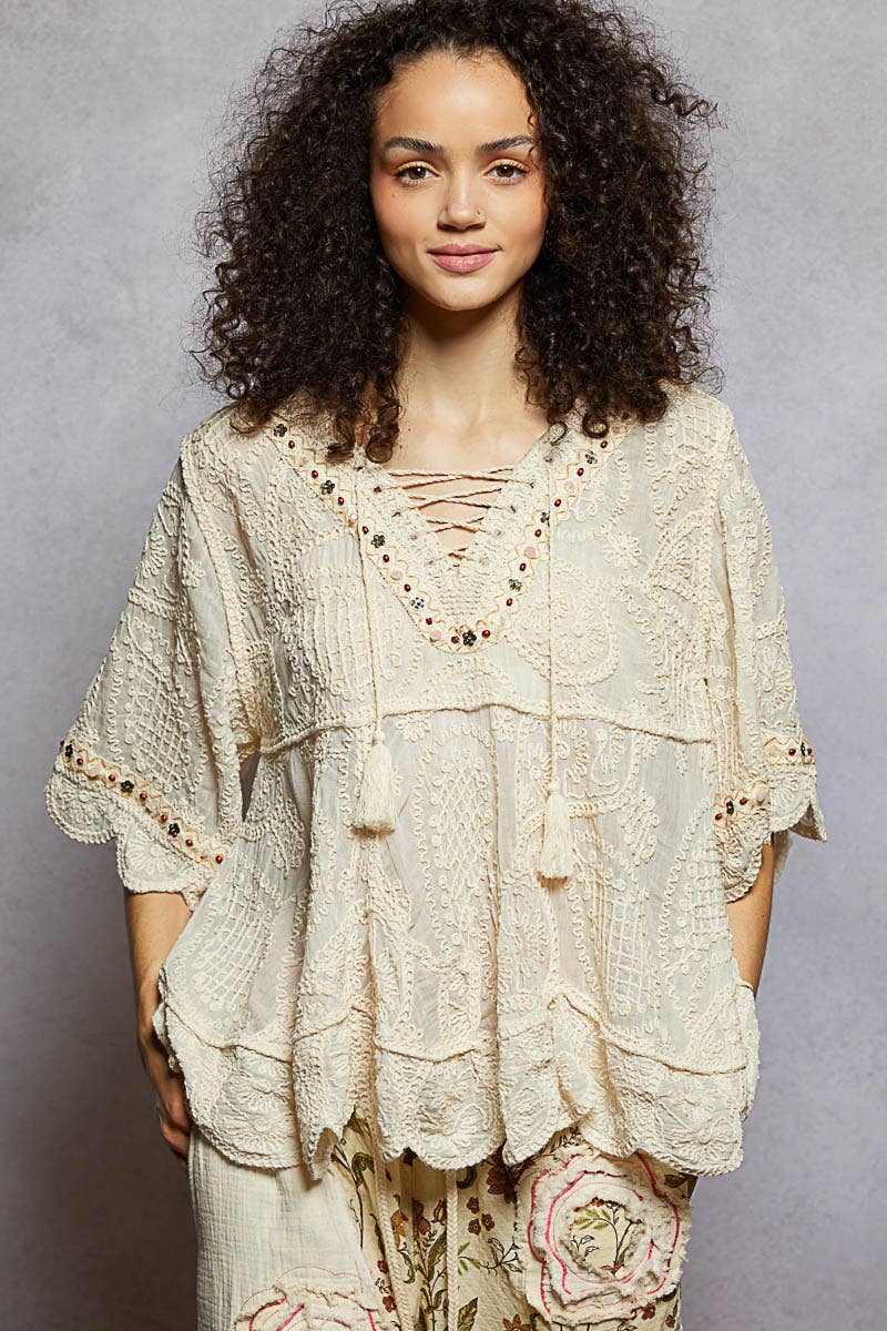 Pol Clothing - Wholesale Blouse - Women's - Short Sleeve Adjustable Drawstring Crochet V Neck Top21