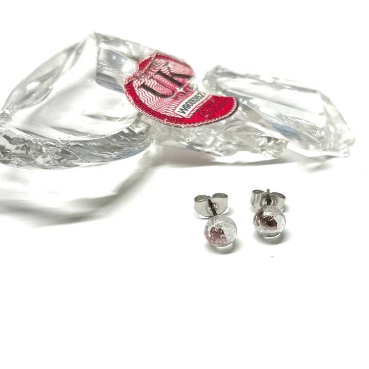 Helen Chalmers – wholesale Stud/post earrings – Clear and Palladium Whisky Bottle Studs, Recycled Glass and Surgical Steel
