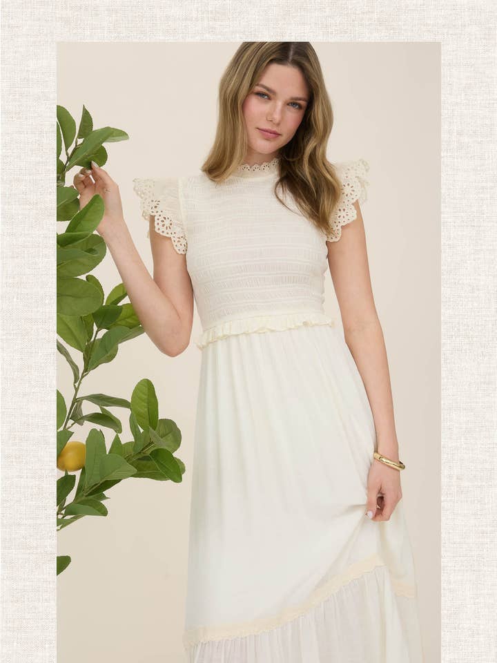 Blu Pepper - Wholesale Dress - Women's - SMOCKED EYELET TRIM RUFFLE DETAIL MIDI DRESS