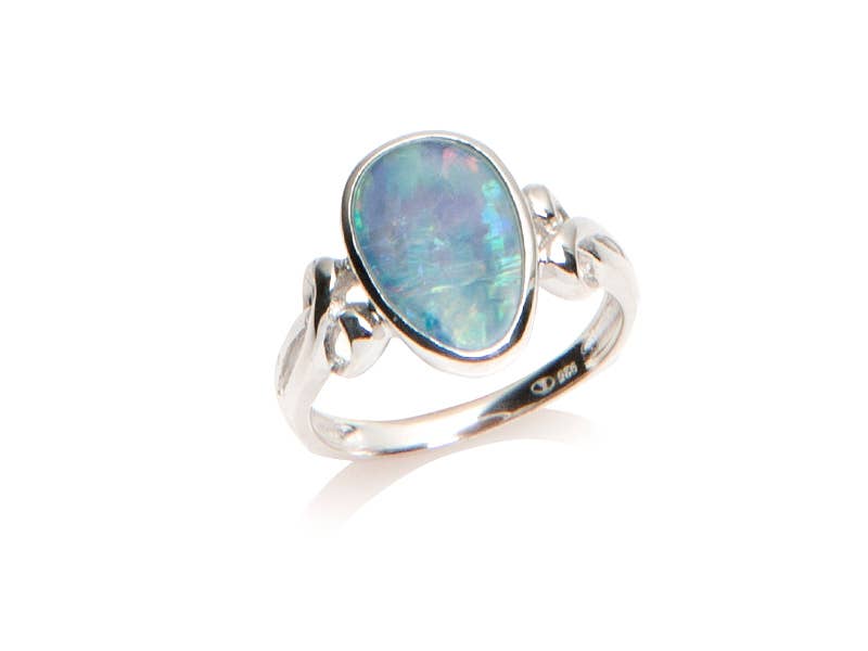 Australian blue opal doublet drop ring, sterling silver for wholesale on Faire