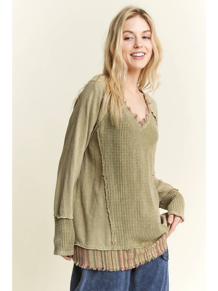 J.Her - Wholesale Knit Top - Women's - MineralWash Frayed stripe Waffle Melangie knittop HT59118