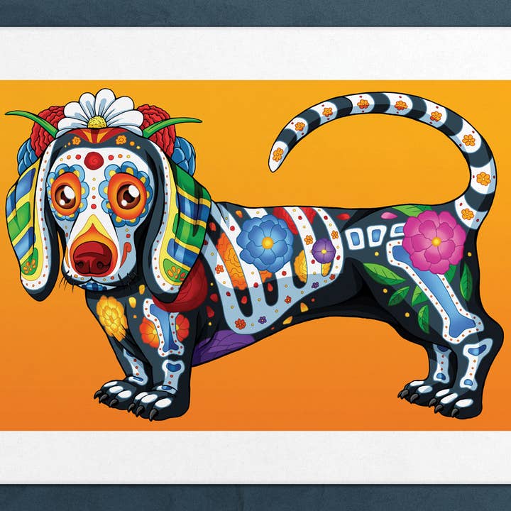 Day of the Dead Dog Dachshund Art Print - "Chicha" for wholesale by Nicholas Ivins Art & Illustration