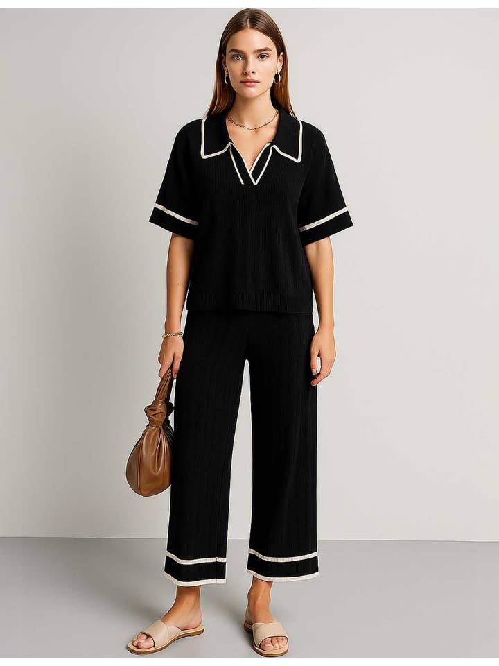 Sweetkama - Wholesale Lounge Set - Women's - Ladies Color Block Polo Collar Knit Top & Pants 2PCS Set15