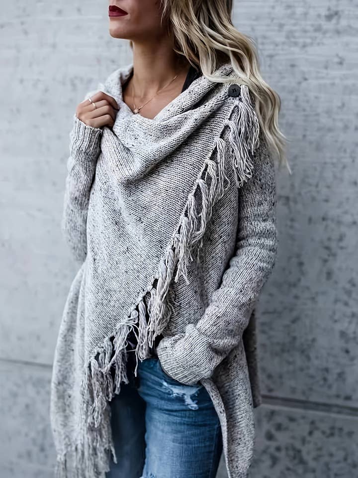 Space Gray Elegant Women's Cowl Neck Tunic Sweater - Birds Eye Knit Top with Fringe Hem, Perfect for Fall and Winter Season, Cozy and Stylish Clothing for Ladies for wholesale on Faire