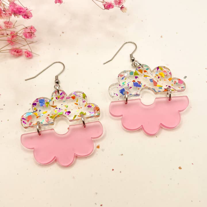 (Pink/Glitter) Flower Power Charm Acrylic Earrings for wholesale by Hoity Toity Goods