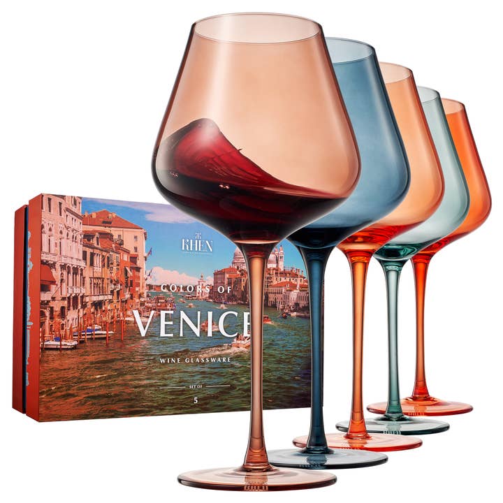 The Wine Savant / Khen Glassware - Wholesale Wine Glass - Colors of Venice, Italy, City Wine Glassware | 5 Set, 20 OZ