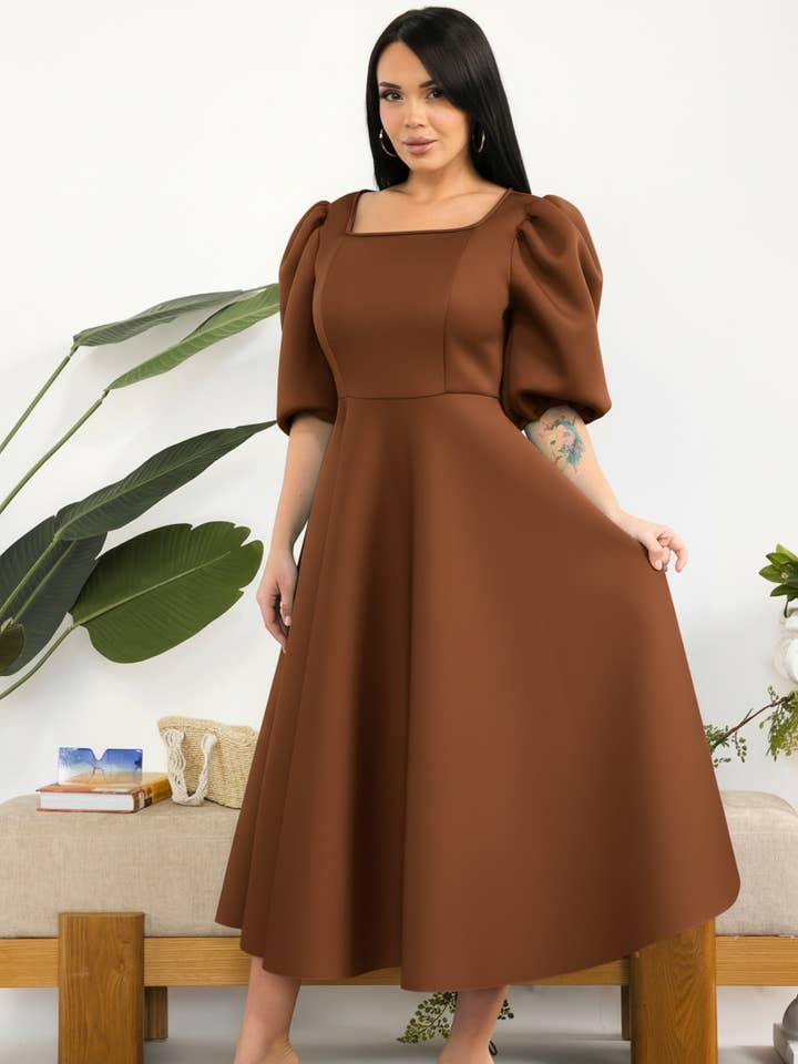 HH727X-S Plus Size Puff Sleeve Midi Dress for wholesale by H&H Fashion Inc.