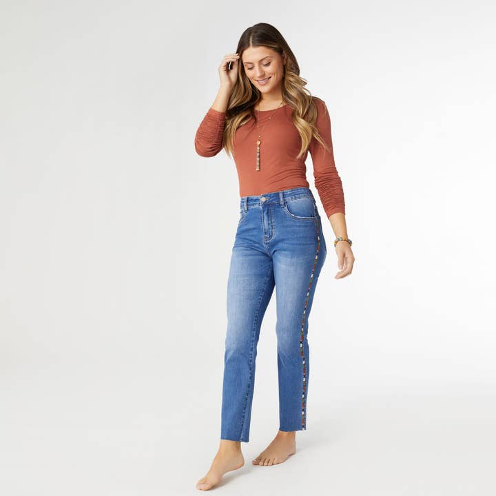 Medium Denim EverStretch Straight Ankle with Multi Colored Stripe for wholesale on Faire