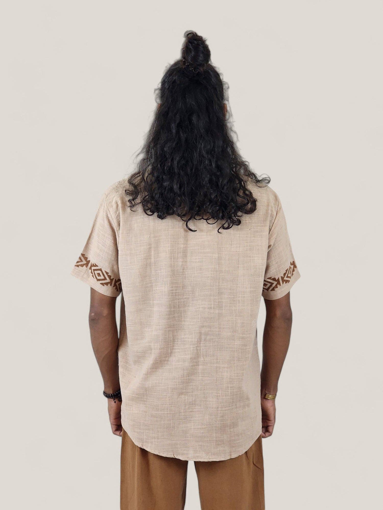 Sacred Ceremony - Wholesale Button Down Shirt - Men's - Men's Dusty Rose Organic Linen Short Sleeve Block-Printed Button-Down Shirt3