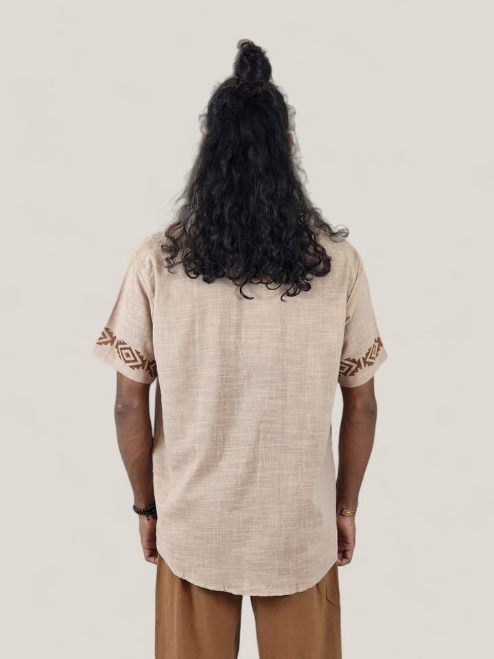 Sacred Ceremony - Wholesale Button Down Shirt - Men's - Men's Dusty Rose Organic Linen Short Sleeve Block-Printed Button-Down Shirt3