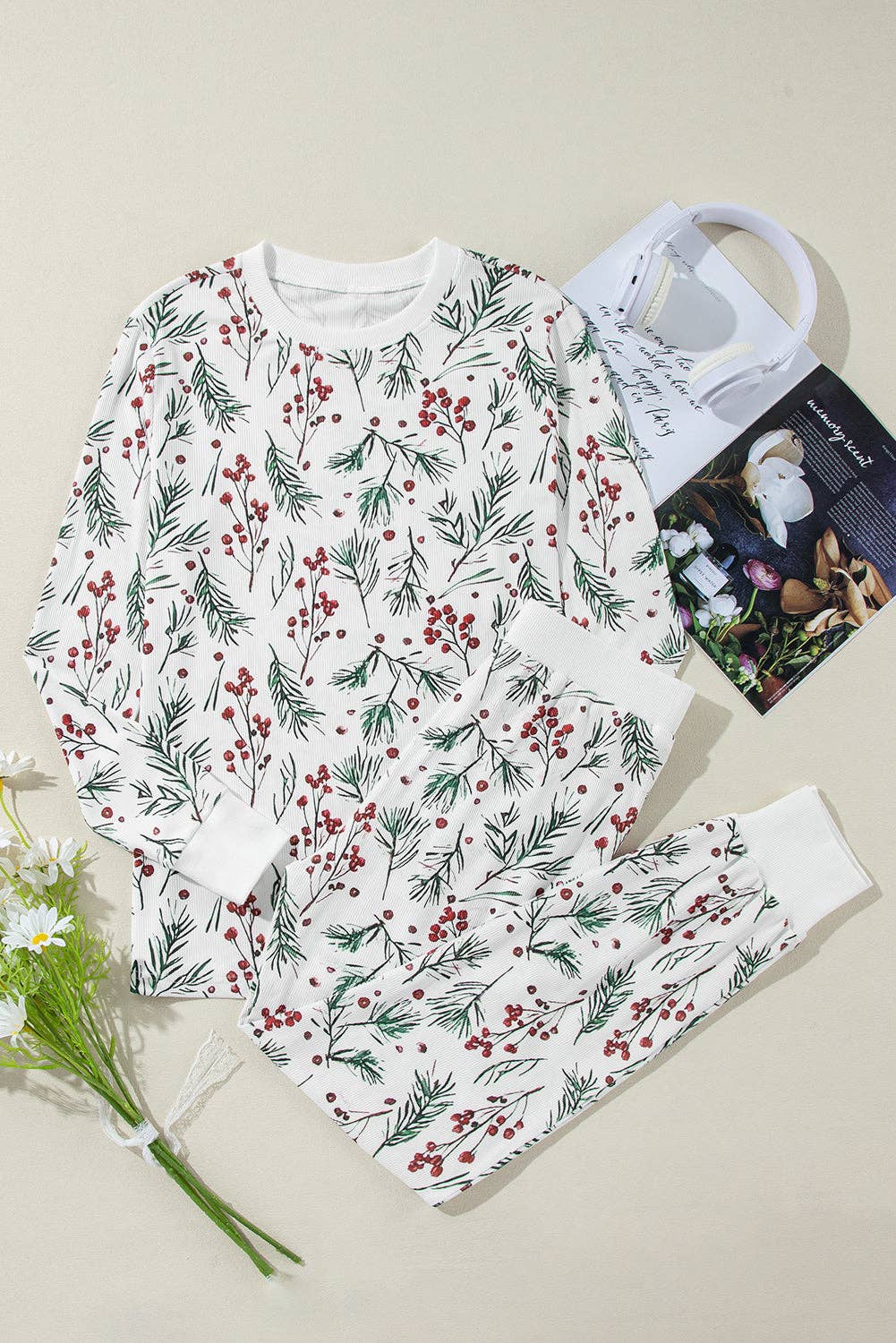 White LALALOO Christmas Holly Top and Pants Lounge Set for wholesale on Faire4